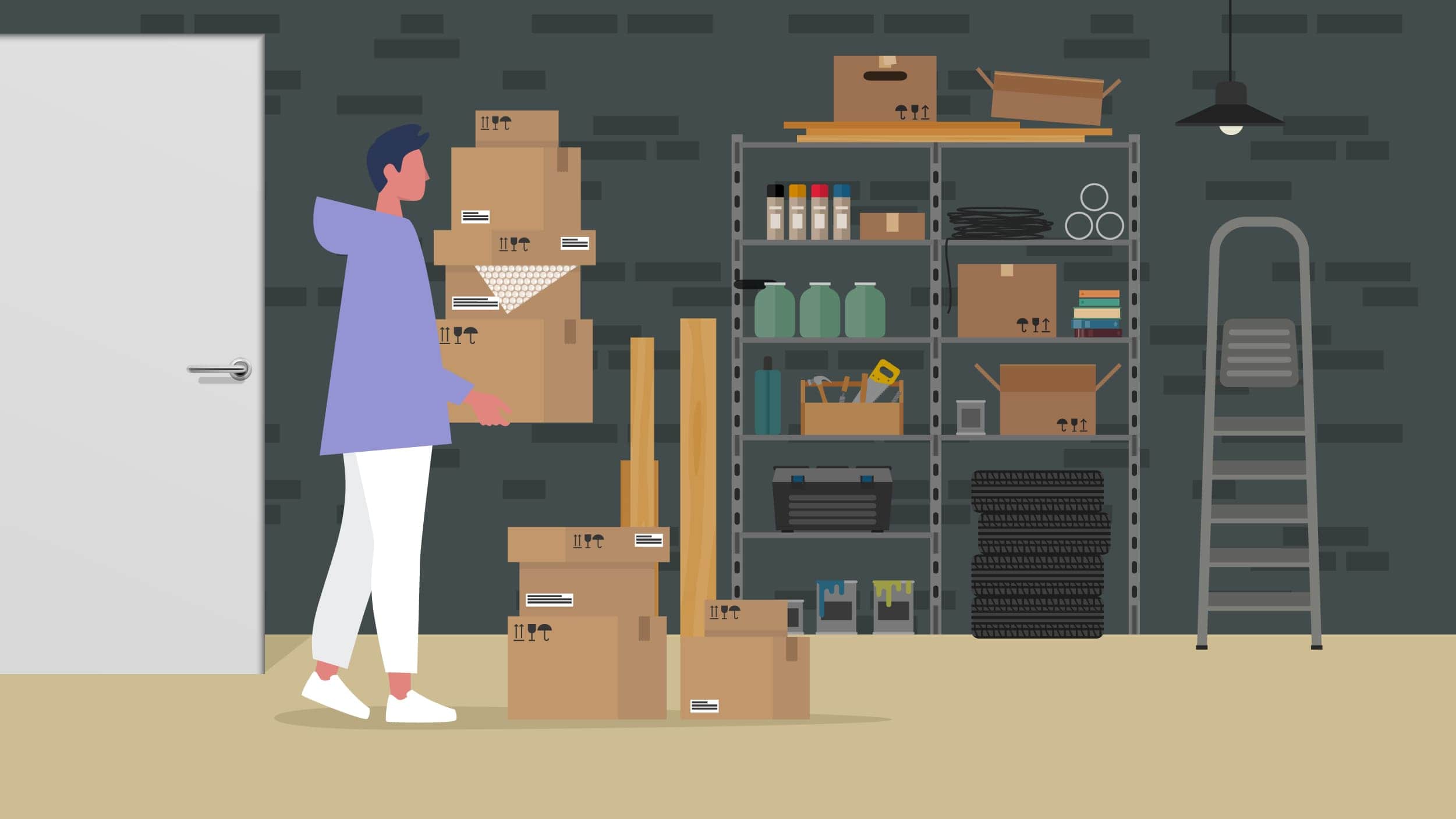 An illustration of a young man moving into a storage unit.